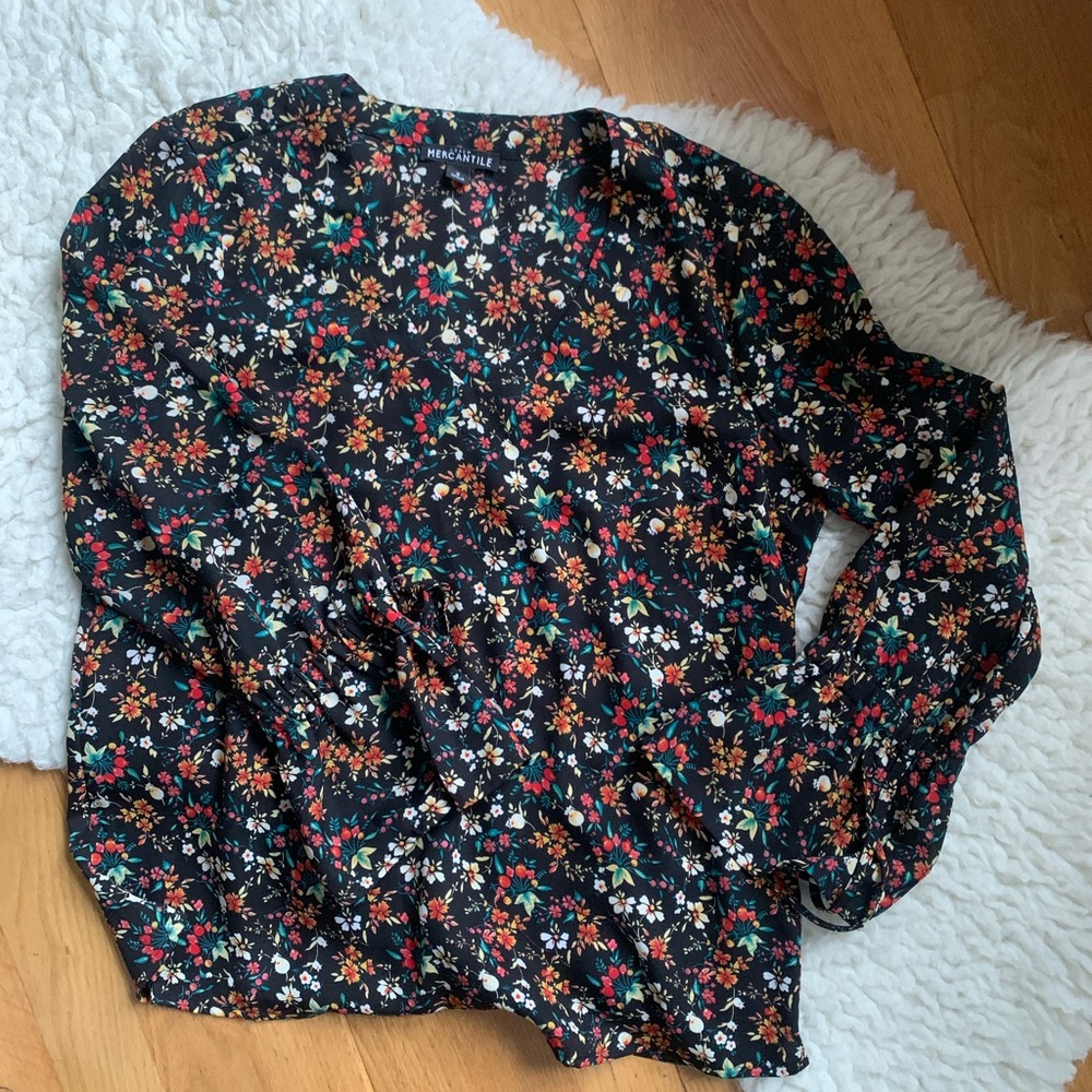 J. Crew Factory Black Floral Long-Sleeve Blouse